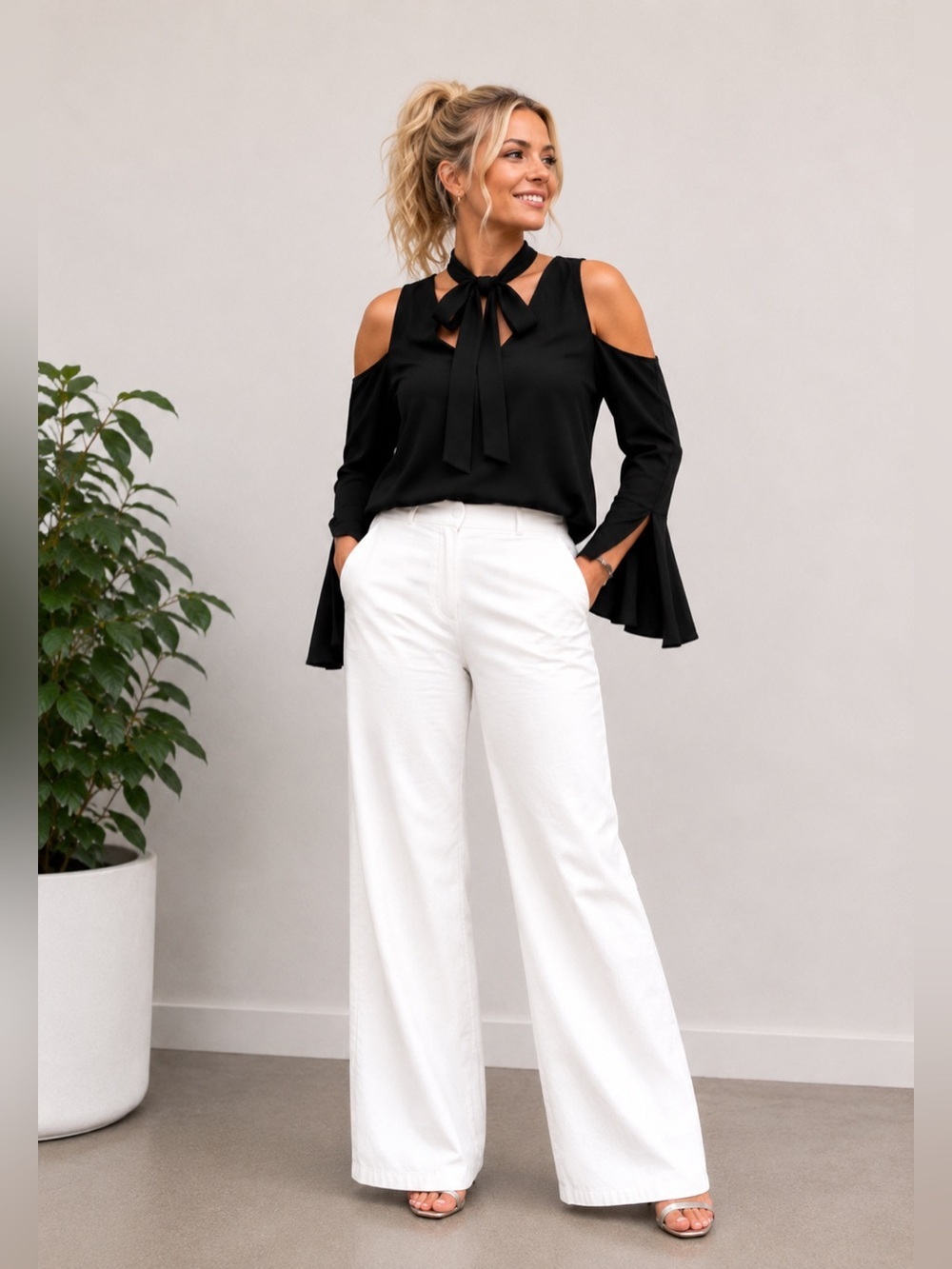 NWT Line & Dot Cold Shoulder Blouse with Tie Front Black Size Small